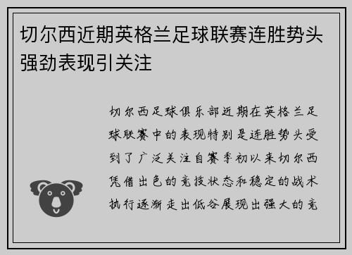 切尔西近期英格兰足球联赛连胜势头强劲表现引关注