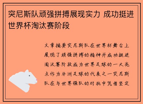 突尼斯队顽强拼搏展现实力 成功挺进世界杯淘汰赛阶段
