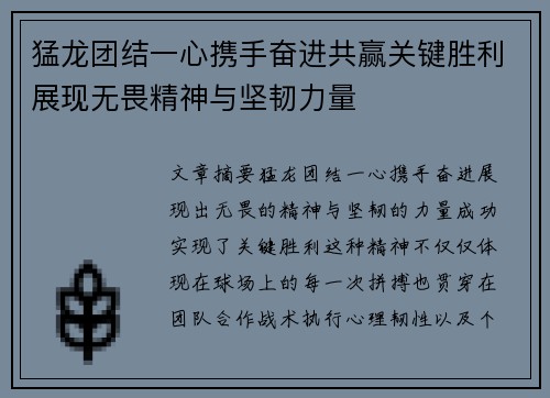猛龙团结一心携手奋进共赢关键胜利展现无畏精神与坚韧力量