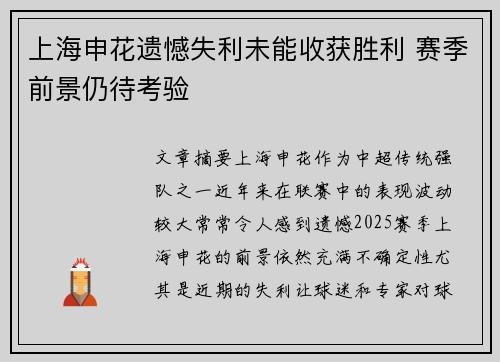 上海申花遗憾失利未能收获胜利 赛季前景仍待考验