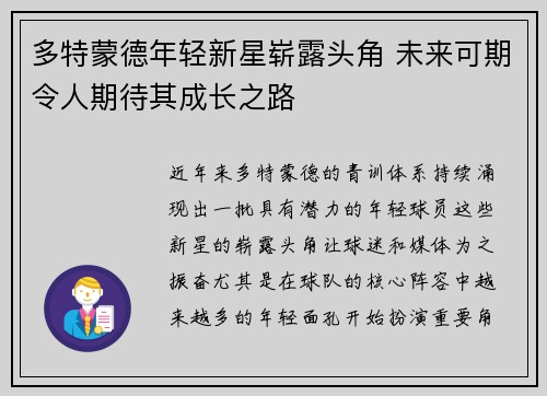 多特蒙德年轻新星崭露头角 未来可期令人期待其成长之路