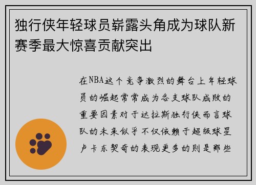 独行侠年轻球员崭露头角成为球队新赛季最大惊喜贡献突出