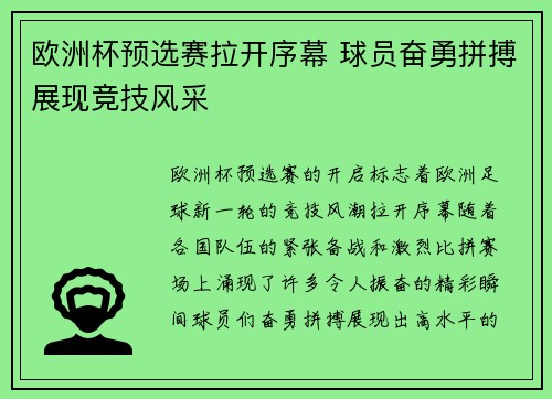 欧洲杯预选赛拉开序幕 球员奋勇拼搏展现竞技风采