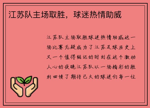 江苏队主场取胜，球迷热情助威