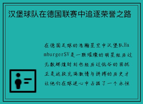 汉堡球队在德国联赛中追逐荣誉之路