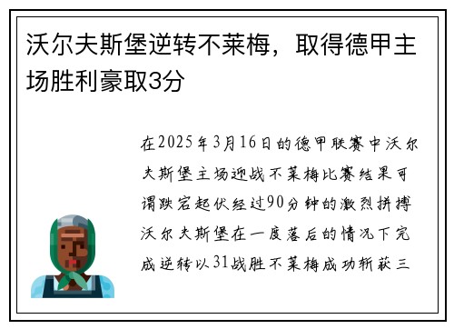 沃尔夫斯堡逆转不莱梅，取得德甲主场胜利豪取3分