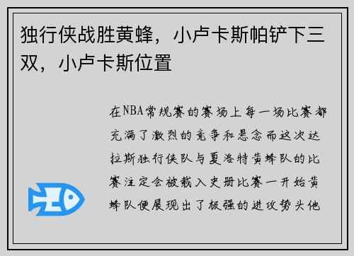 独行侠战胜黄蜂，小卢卡斯帕铲下三双，小卢卡斯位置