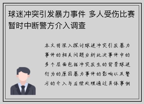 球迷冲突引发暴力事件 多人受伤比赛暂时中断警方介入调查